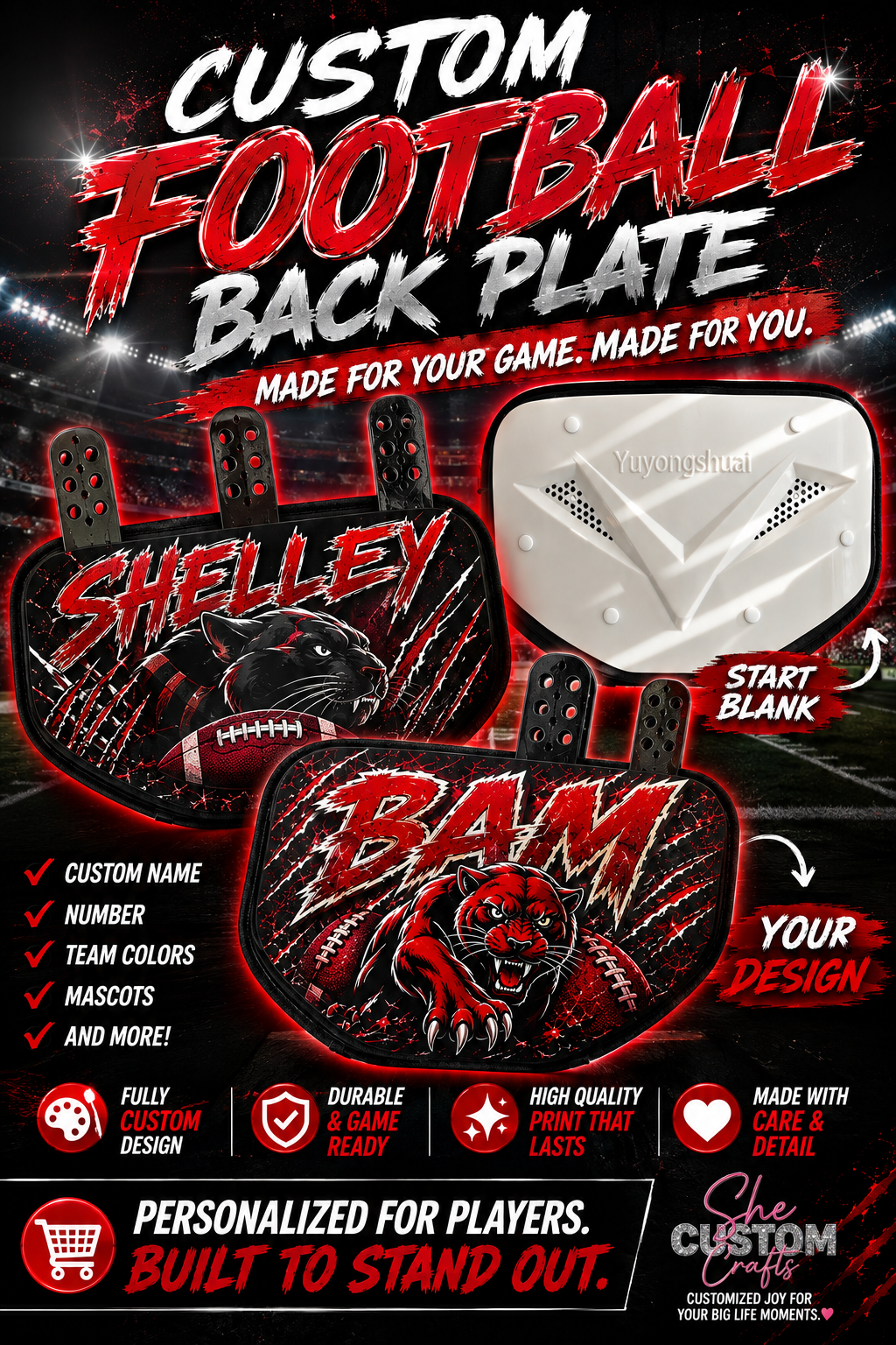 Custom Football Back Plate | Personalized Player Name, Number & Team Colors
