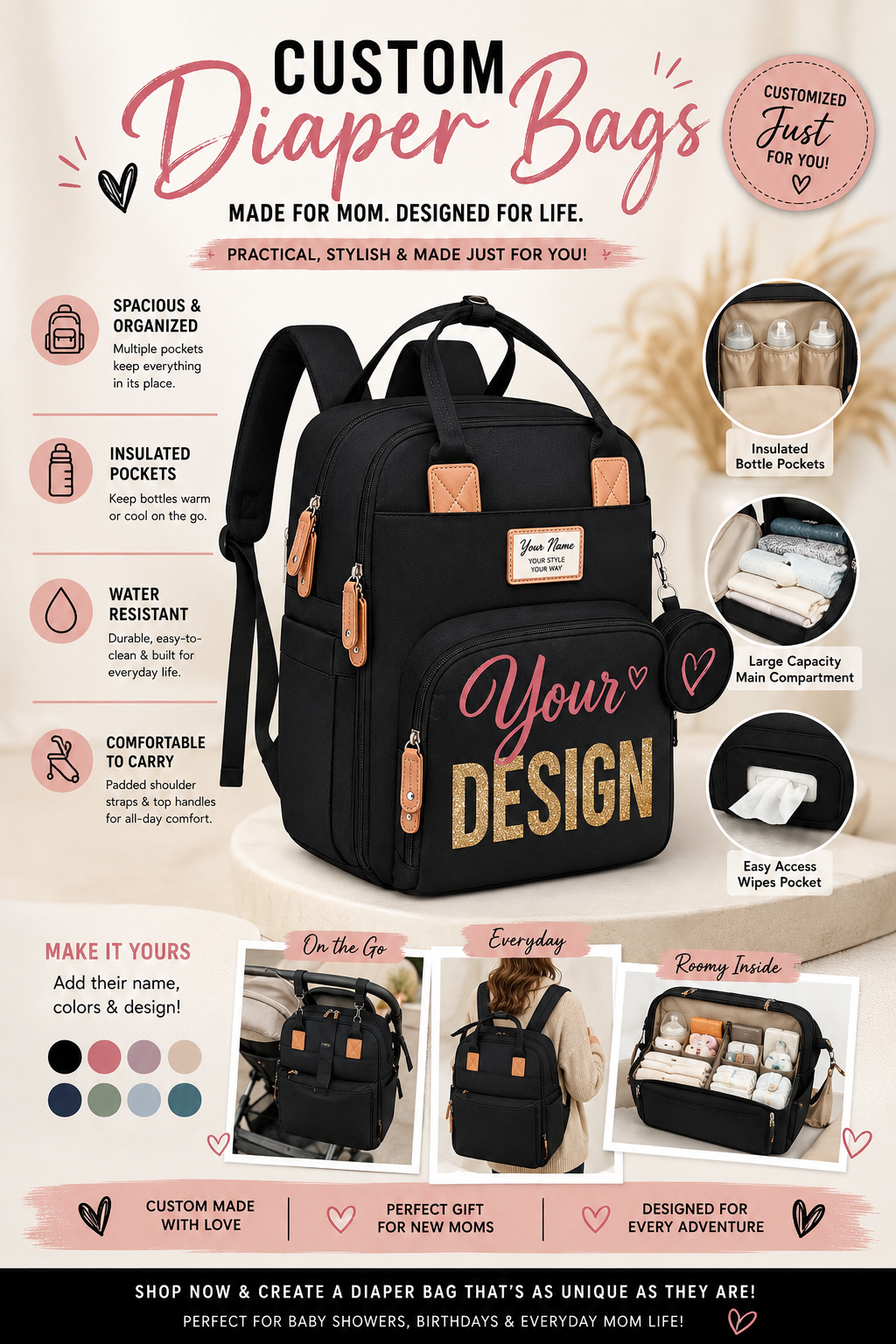 Personalized Diaper Bag Backpack | Custom Baby Bag with Name | Baby Shower Gift | Multi-Pocket Travel Backpack
