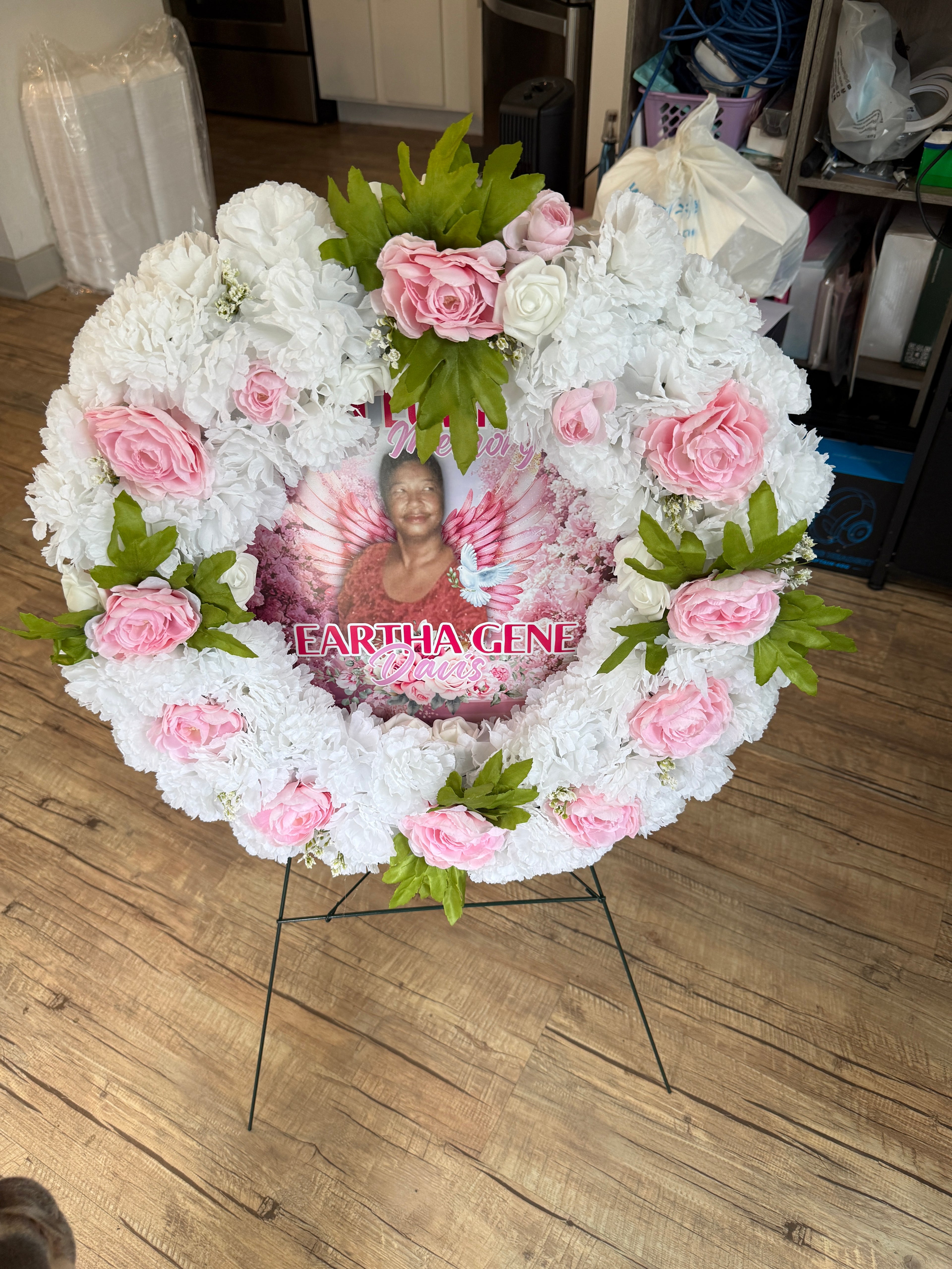 Custom Memorial Wreath with Photo | Personalized Funeral Flowers | Artificial Floral Tribute with Stand | In Loving Memory Keepsake
