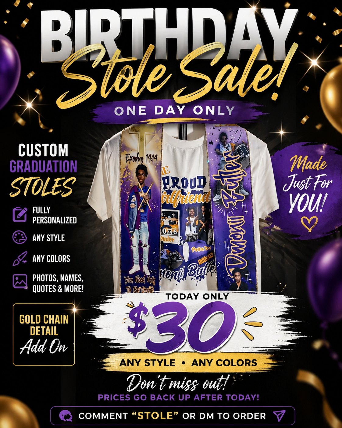 Birthday Graduation Stole Sale – One Day Only Custom Graduation Stoles $30